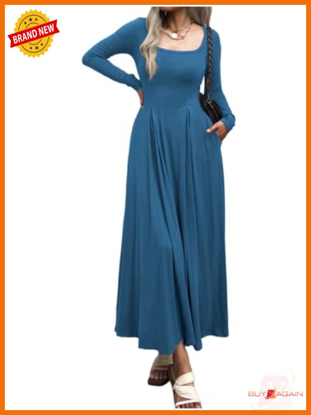 Women Long Sleeve Square Neck Maxi Pleated Dress with Pockets